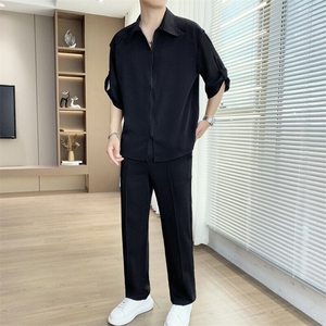 夏季凉感冰丝短袖衬衫长裤套装休闲透气时尚两件套图片