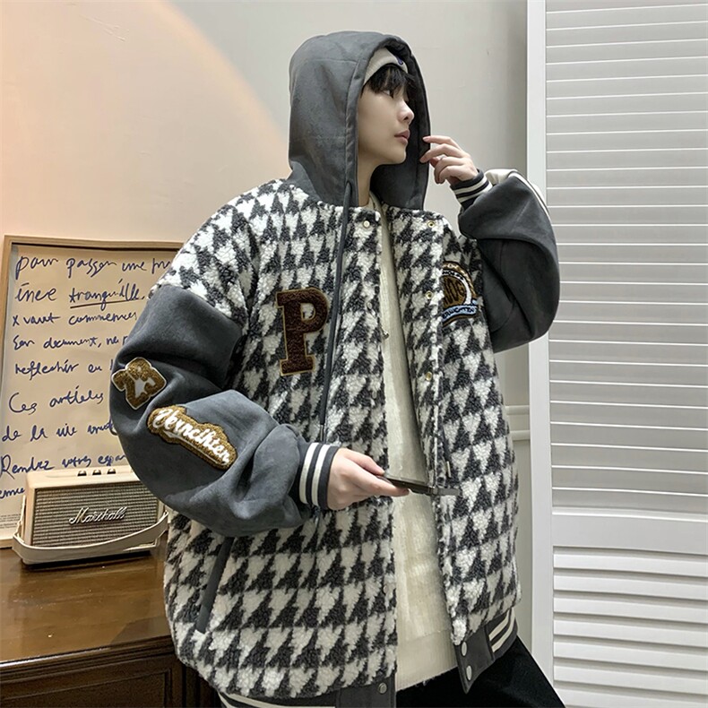 22冬千鸟格新款羊羔毛宽松大码棉服外套B266-Y616-P125,男装棉衣,星座B257-1