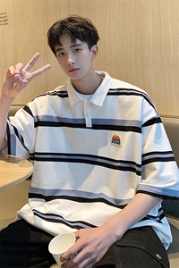 美式条纹短袖polo衫男女大码港风翻领短袖T恤男DP77010P50控78图片