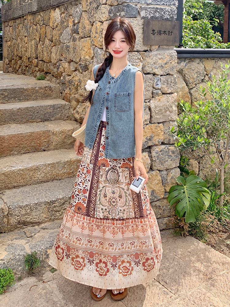 收腰单排扣牛仔马甲印花半身裙套装女2025夏季气质淡人穿搭两件套,女装运动套装,浙宝285（原212）