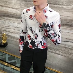 2021春秋男衬衫英伦长袖上衣印花男装韩版修身四季潮流衬衣H634-P55图片