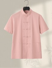 夏季大码盘扣棉麻短袖衬衫新中式风纯色复古微领衬衣GF2501-P55，男装衬衫，星座1105-3