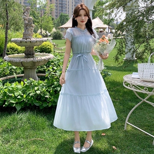 连衣裙女马卡龙色粉蓝黄2025夏季新款冰丝雪纺高级感减龄裙子图片