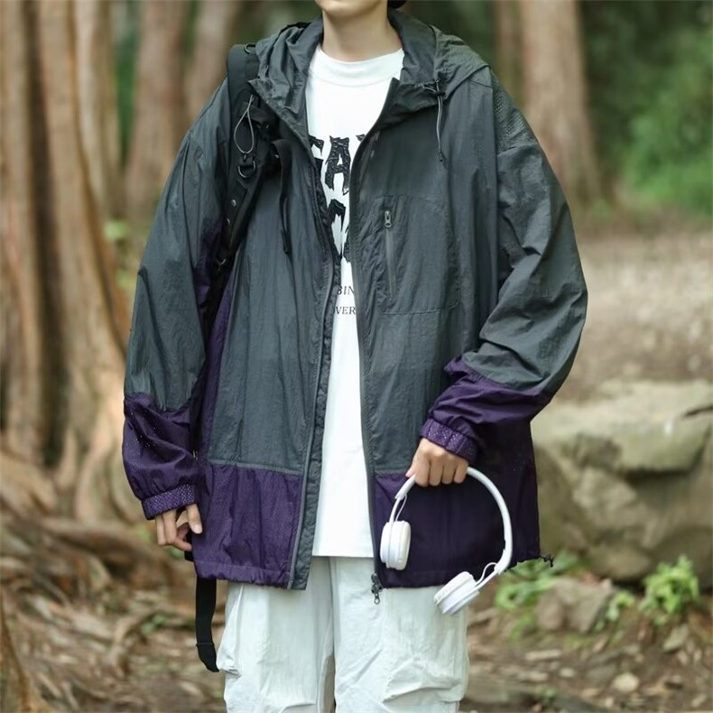 轻薄透气连帽防晒衣男夏季美式复古潮牌设计感小众撞色防晒服外套,男装夹克,星座716-4