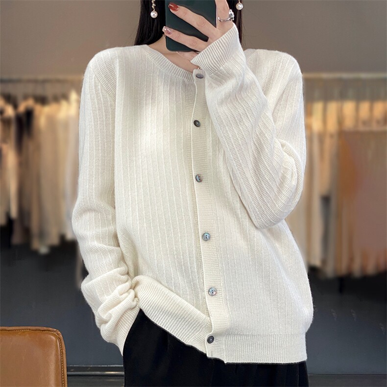 2025年夏季宽松型常规开衫单件长袖单排扣羊毛衫时尚百搭,女装羊毛衫,春贝羊绒
