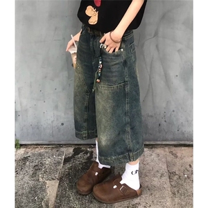 美式街头复古水洗做旧牛仔短裤男女百搭休闲宽松中裤阔腿七分裤潮图片