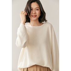 秋季新款卷边圆领加宽袖纯色针织衫时尚休闲，女装针织衫/毛衣，鸥蕊娅羊绒