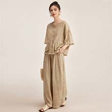 韩城.文艺范苎麻炒色棉麻套装女松驰大码2025夏天透气开衫阔腿裤s，女装套装/套裙，宝儿家