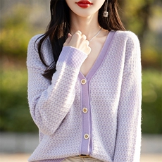 V领拼色100%纯羊毛开衫女秋冬外套针织衫毛衣宽松羊绒衫外搭上衣，女装羊毛衫，琳尚羊绒
