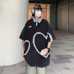 C497P38夏装新款青少年五分袖潮牛仔拼接宽松做旧夏季po图片