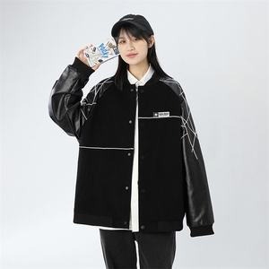 精品秋冬装飞行棒球服男女夹克毛呢拼皮刺绣轻熟JK1701-P115中性D