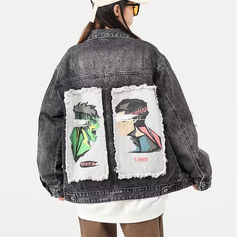 牛仔夹克工装口袋中性风人物印花外套大码M-4XL JK801 P65图片