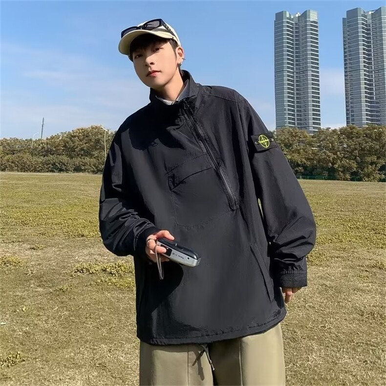 春秋立领长袖拉链装饰男夹克潮宽松套头上衣户外冲锋衣W5139-P46,男装夹克,星座412