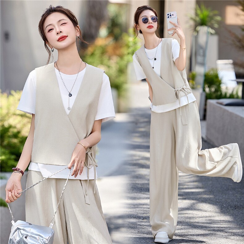 韩系减龄三件套女2026年夏季新款气质松弛感小个子短袖马甲阔腿裤,女装套装/套裙,拾衣