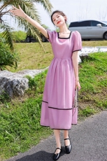 夏季新款甜美粉色连衣裙显瘦高腰A字裙气质淑女风，女装连衣裙，贵人树