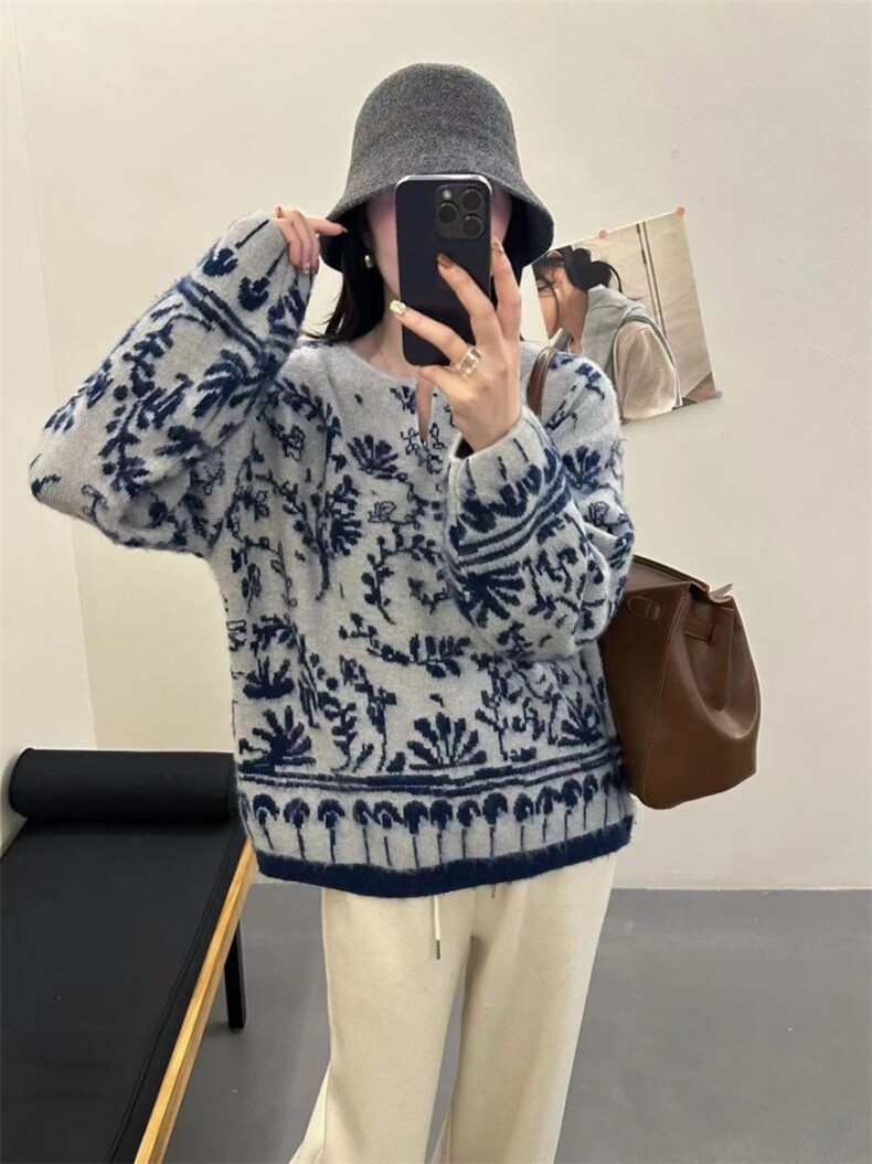 羊驼绒拉毛青花瓷重工提花针织毛衫，现货,女装羊毛衫,臻纶羊绒