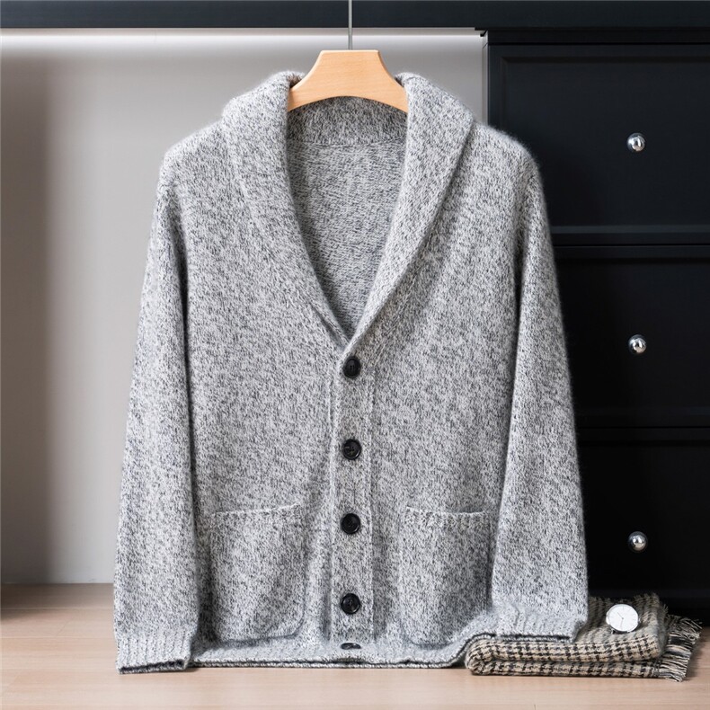 2025年秋季长袖男士5针3股加厚青果领开衫，男装羊绒开衫，戎禾素