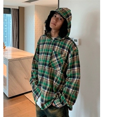 现货花衬衫高级感新品连帽百搭格子长袖衬衣男简约情侣大帽檐复古，男装衬衫，星座218-1（原230）