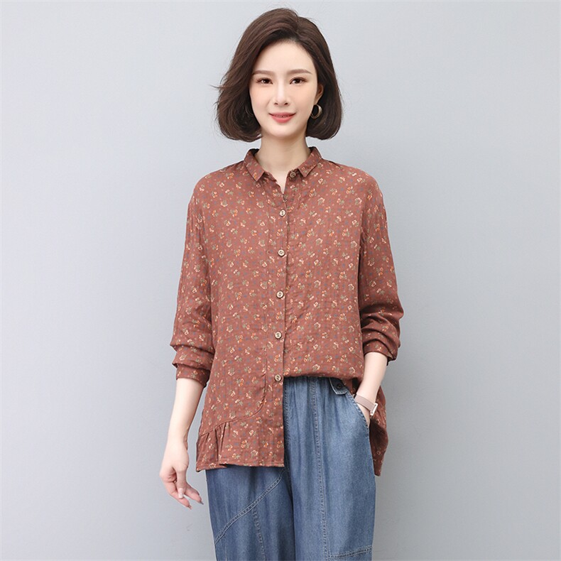 2024春秋季新款纯棉长袖衬衫女妈妈大码宽松洋气减龄碎花衬衣图片