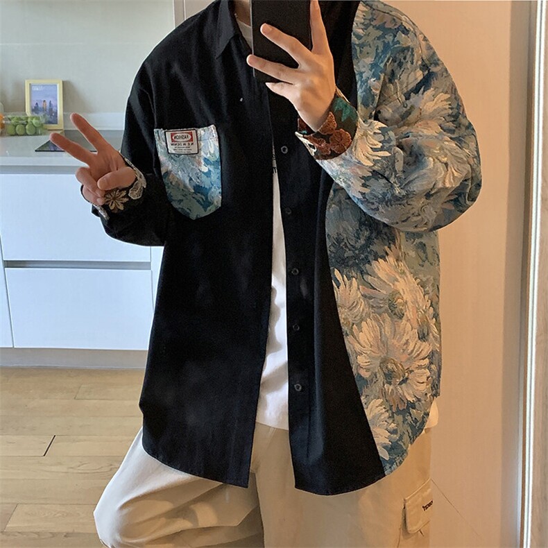 港风花型长袖衬衫大码M-5XL情侣风衬衫男长袖衬衣CS7714P60，男装衬衫，星座227-7