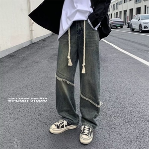 美式复古做旧ins直筒牛仔裤男女秋冬设计感阔腿拖地长裤NK726-P45图片