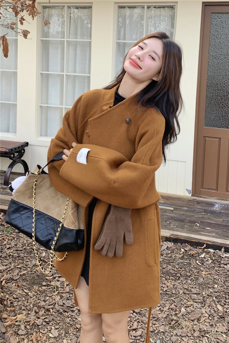 美拉德收腰气质呢子外套女2025年秋冬季新款百搭显瘦双面羊毛大衣,女装双面呢大衣,蝶眷