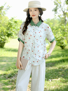 2025夏装新款温柔时尚显瘦复古撞色苎麻碎花衬衫直筒裤女图片
