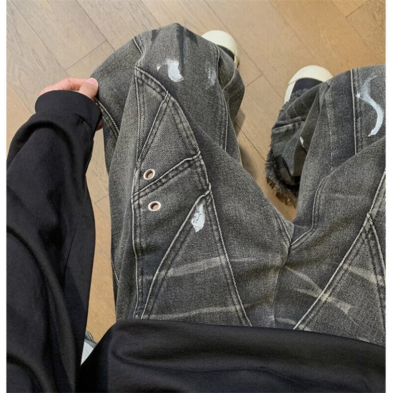 美式高街牛仔裤男女韩版潮流拼接涂鸦毛边2025春季长裤RK2223-P56，男装牛仔裤，星座412-3