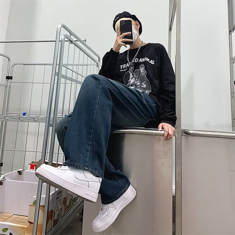 美式复古牛仔裤男秋宽松阔腿裤ins潮牌高街坠感直筒裤N07057-P43,男装牛仔裤,星座308B-1