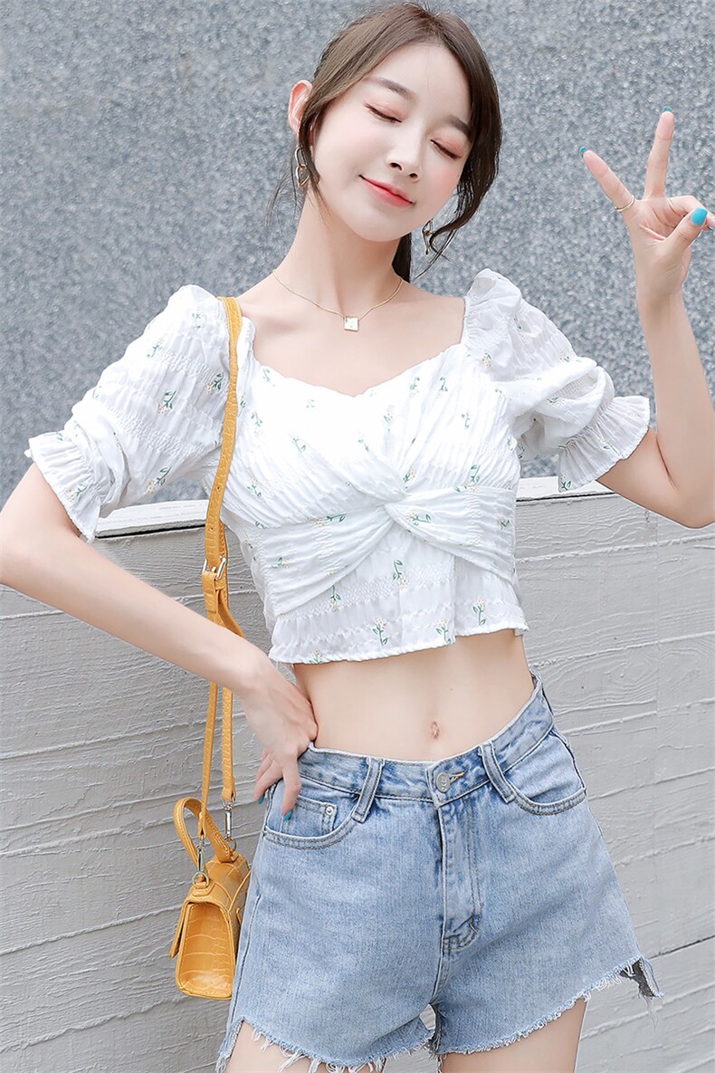 LaluneDuCiel纯棉法式复古木耳边碎花短袖女夏季修身一字肩上衣,女装蕾丝衫/雪纺衫,寒都衣屋