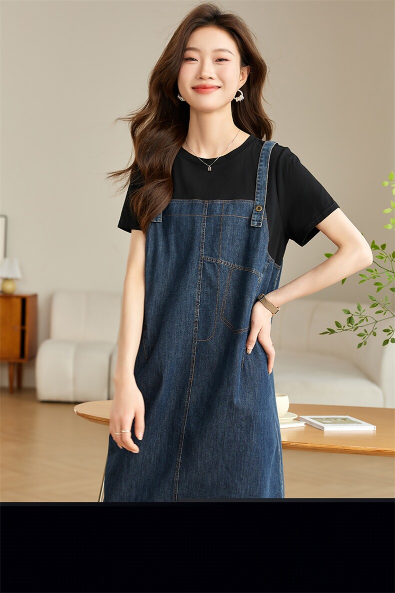 假两件牛仔连衣裙女夏2025新款小个子洋气减龄妈妈装宽松显瘦裙子,女装连衣裙,文熹诺