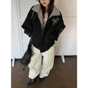 美式十字架贴皮刺绣翻领外套2026新款男女潮牌宽松撞色拼接夹克图片