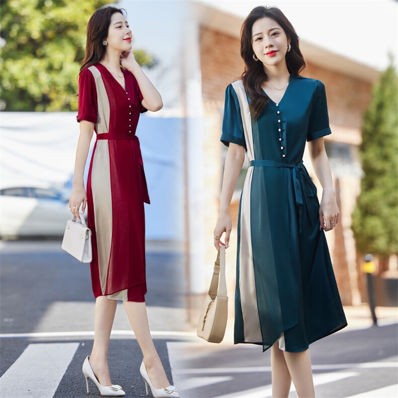 2023年夏季V领时尚气质中长款百搭韩版优雅仿真丝缎连衣裙,女装连衣裙,贵人树