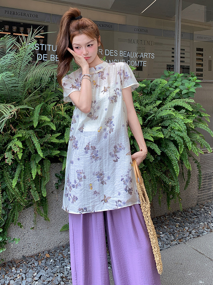 新中式国风套装女2025年夏季新款清冷感改良旗袍上衣阔腿裤两件套,女装套装/套裙,浙宝305