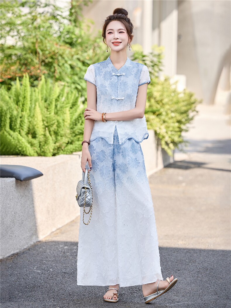 新中式国风套装女2025夏新款贵气高级松弛感气质阔腿裤穿搭一整套,女装套装/套裙,伊仟回