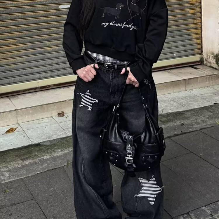 高个子加长甜酷辣妹星星贴布牛仔裤女侧边拉链设计直筒阔腿裤,男装牛仔裤,四季星座505