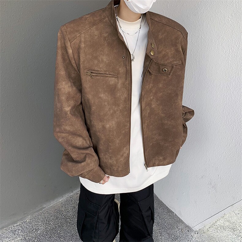 美式复古做旧棕色机车服皮衣外套男春秋小众设计感短款垫肩夹克衫,男装夹克,星座505-2（原电商A260-1)