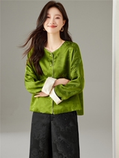 在仓~重磅人丝提花双面穿圆领落肩袖玉石扣宽松时尚外套，女装短外套，新依时派