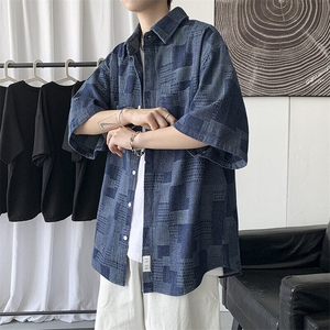 夏季格子短袖牛仔衬衫男ins港风日系潮牌复古水洗上衣WLC1111-P50图片