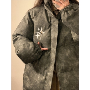 中性风PU皮复古做旧可拆卸四芒星胸针设计棉衣男MY77721P128控168图片
