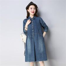 牛仔布潮流休闲时尚气质长袖排扣翻领纯色2021年春季连衣裙，女装连衣裙，小林双子