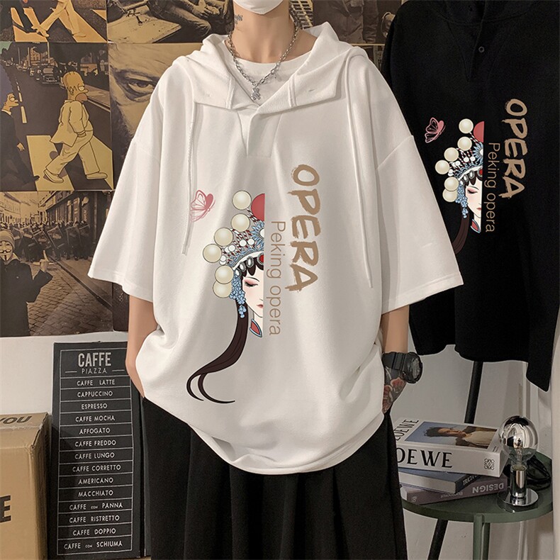 LD54161-P45京剧脸谱连帽短袖t恤男大码胖子带帽五分袖中袖,男装T恤,电商A040