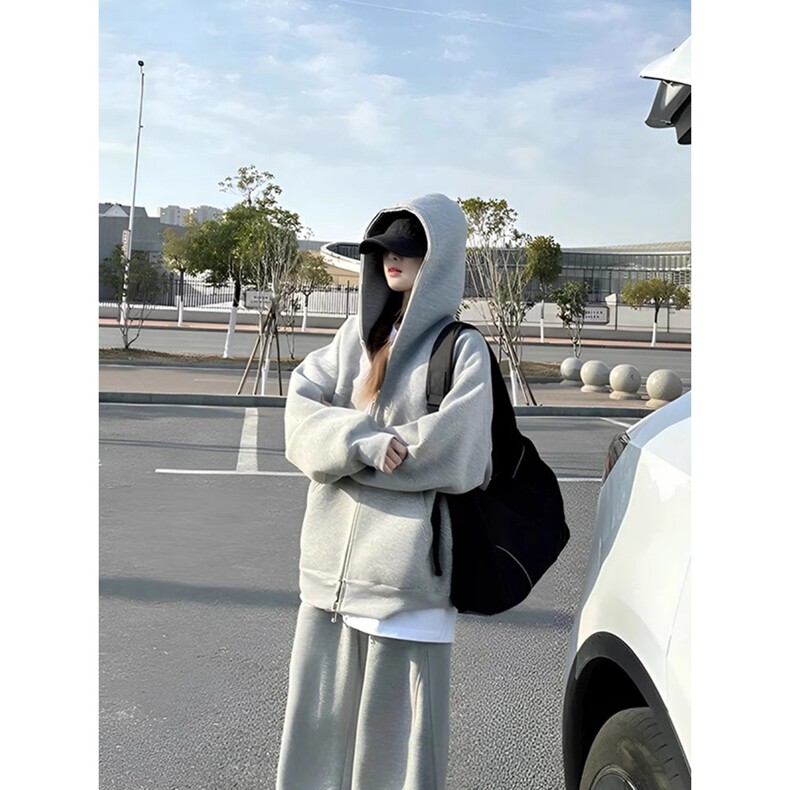 双头拉链卫衣男款秋冬连帽开衫外套oversize美式复古休闲夹克图片