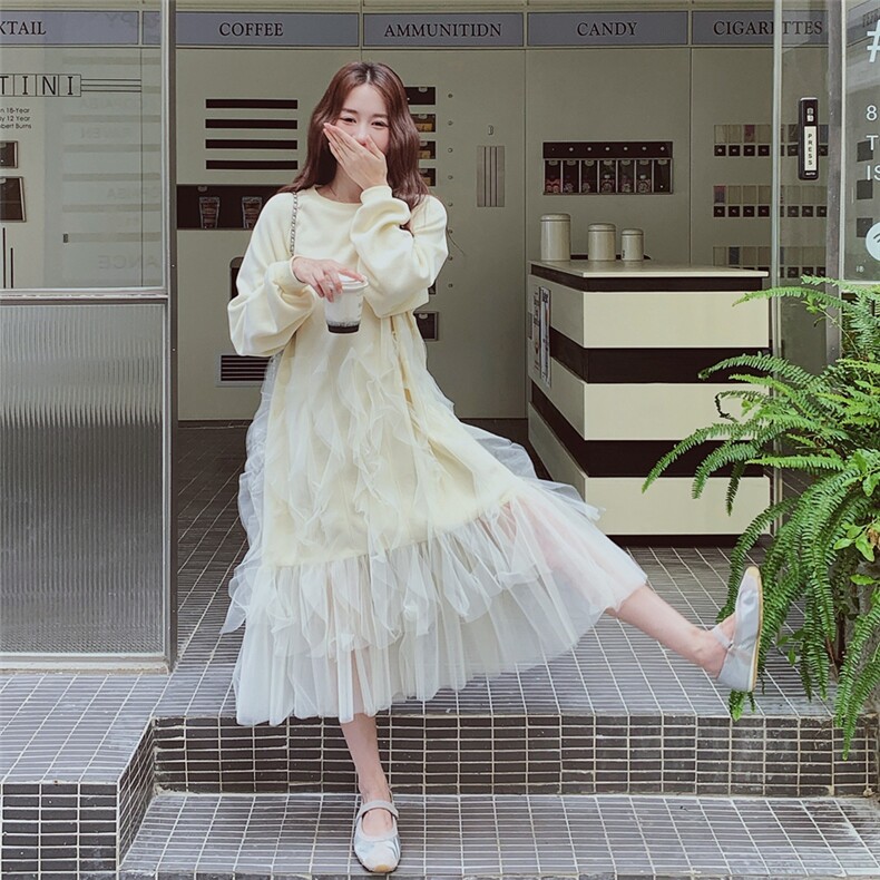 【主推现货】高品质粉色杏色长袖网纱裙8237-P150-K218,女装连衣裙,2C137