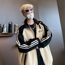 外套男潮牌三杠条纹撞色插肩袖休闲学院风运动夹克衫W6479-P58，男装夹克，星座412-3