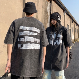 情侣装夏装2026新款水洗做旧印花圆领宽松短袖T恤男 D258 P38男类图片