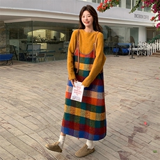 超好看彩色格子吊带连衣裙套装女2025春季新款韩系减龄宽松两件套，女装套装/套裙，2C029