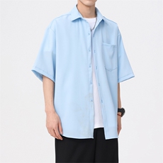 GENIOLAMODE蓝色冰丝短袖衬衫男夏季高级感街头百搭休闲情侣衬衣，男装衬衫，电商A102