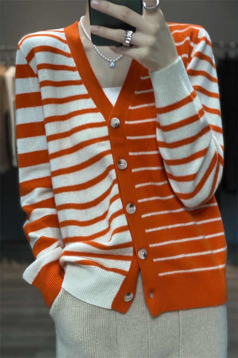 时尚百搭橙白条纹女士羊毛开衫显瘦V领长袖针织衫,女装羊毛衫,莺澜羊绒