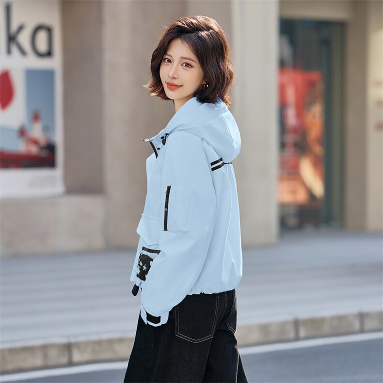 时尚小怪兽装饰外套女短款2025早春新款韩版连帽休闲工装春秋风衣,女装短外套,靓星雨